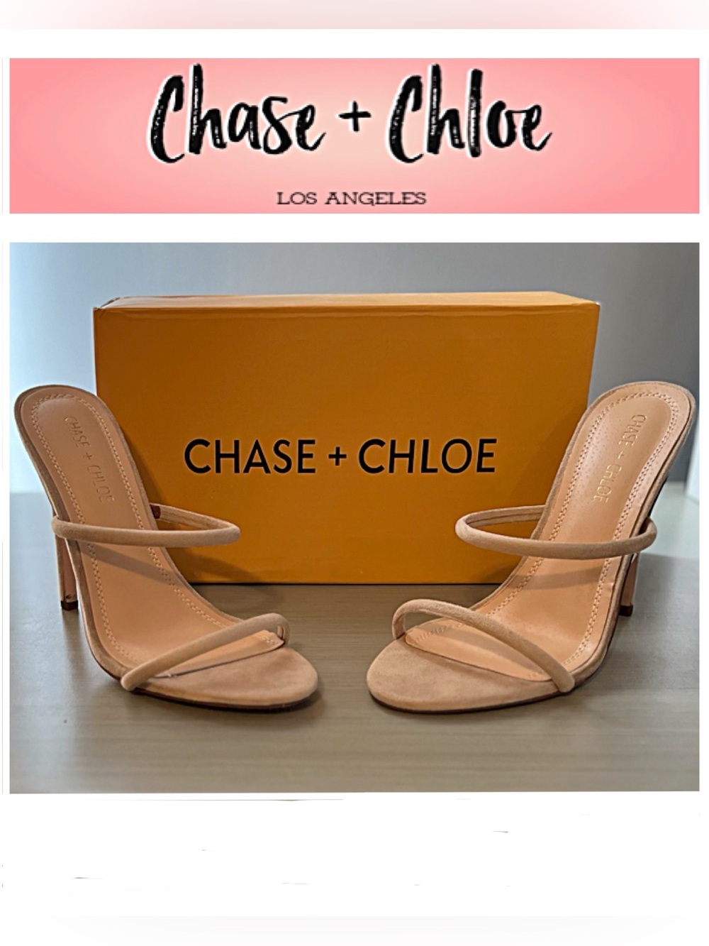 Chase + Chloe Nude Double Strap Stiletto 3.5” Mule Taupe 7.5 Faux Suede Clayton1
